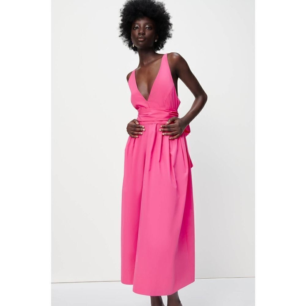Zara Bow Pink Midi Dress Deep Plunge Poplin New Barbiecore Barbie - Picture 10 of 16